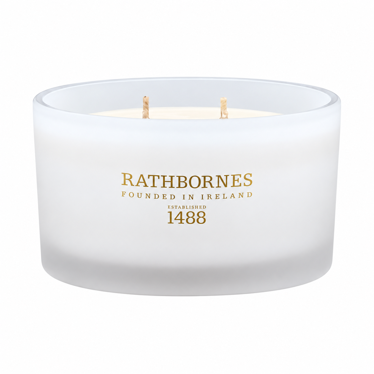 Rathbornes two-wick candle in a frosted white glass vessel with gold lettering.