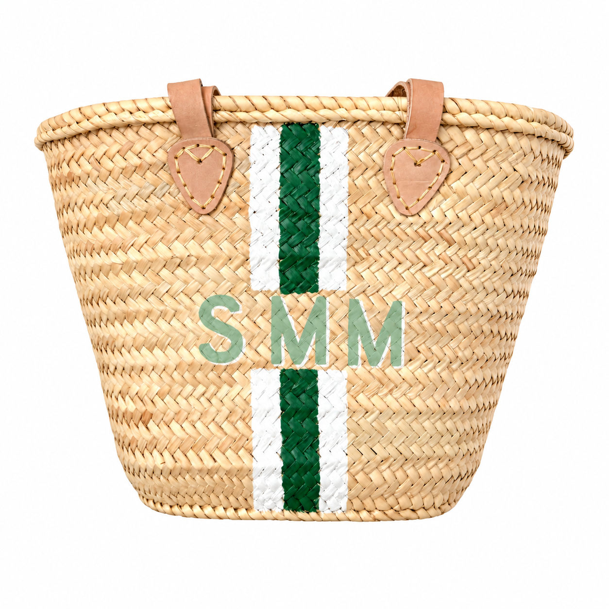Woven straw market bag with tan leather handles, green and white stripes, and pale green SMM initials.
