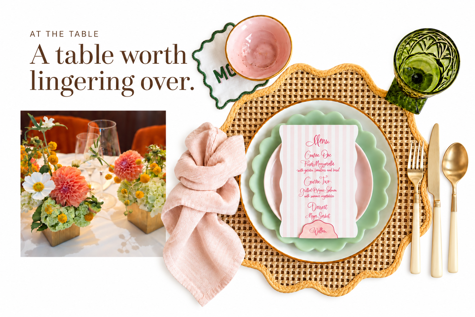A table worth lingering over. Coral and yellow florals beside a pastel place setting with scalloped plates, a pink striped menu, personalized place card and woven charger.
