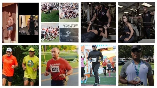 Collage of images showing people participating in athletic events, outdoor runs, and workouts at the gym.