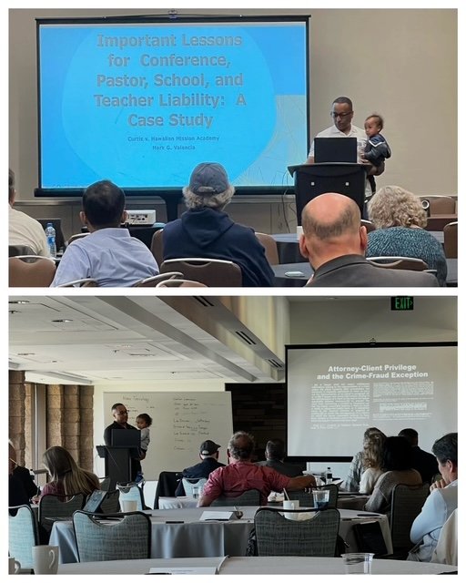 Two conference presentations in a professional setting. The top image shows a speaker with a child presenting a PowerPoint slide titled "Important Lessons for Conference, Pastor, School, and Teacher Liability: A Case Study." The bottom image displays another speaker at a podium with a slide titled "Attorney-Client Privilege and the Crime-Fraud Exception," as attendees listen and take notes.
