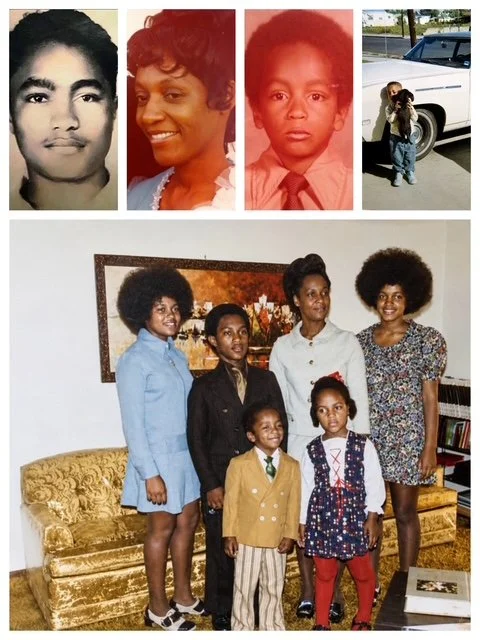 A collage of eight historical and family photographs. The top row features four black and white or color portraits of young people, including girls and boys, from different times. The bottom photo shows a group of six women and children of African descent, dressed in vintage clothing, standing in a living room with a yellow velvet couch and a framed picture on the wall.