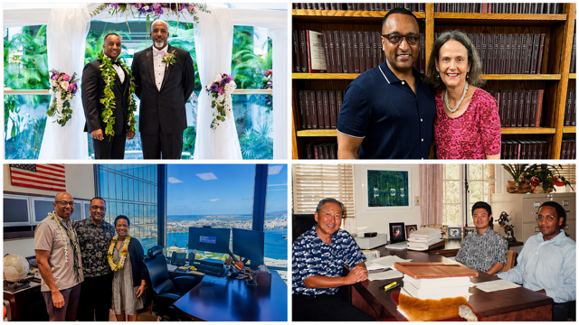 Four separate photos showing diverse groups of people in different settings. The top left photo features two men in suits at a wedding with tropical decorations. The top right photo shows a man and woman smiling in front of a bookshelf in an office. The bottom left photo displays three people in front of a panoramic city view from a high-rise building, with computer equipment visible. The bottom right photo shows three men sitting at a large desk in an office, smiling with stacks of paper and books.