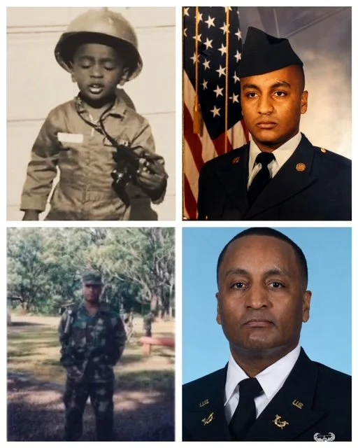 A collage of four photographs showing a young boy and a man in military uniform at different times.