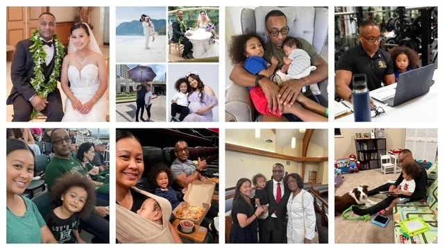 A collage of photos featuring a diverse group of people, including children and adults, in various settings such as a wedding, beach, park, and indoors. The images show people enjoying celebrations, family moments, and casual activities like playing with pets and using a laptop.