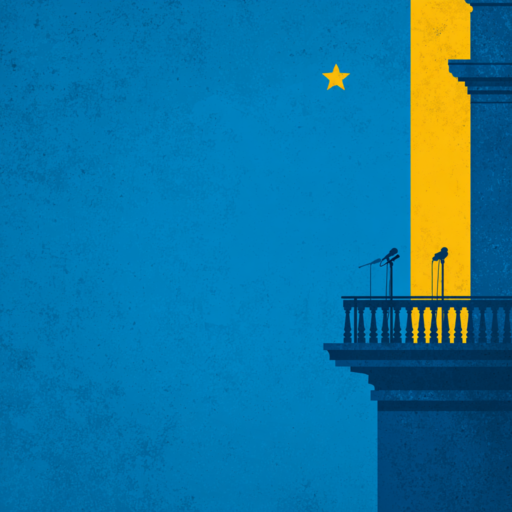 Stylized illustration of a building balcony with two microphones, one pointing outward. A single star is in the dark blue sky, with a yellow vertical stripe on the right side of the building.