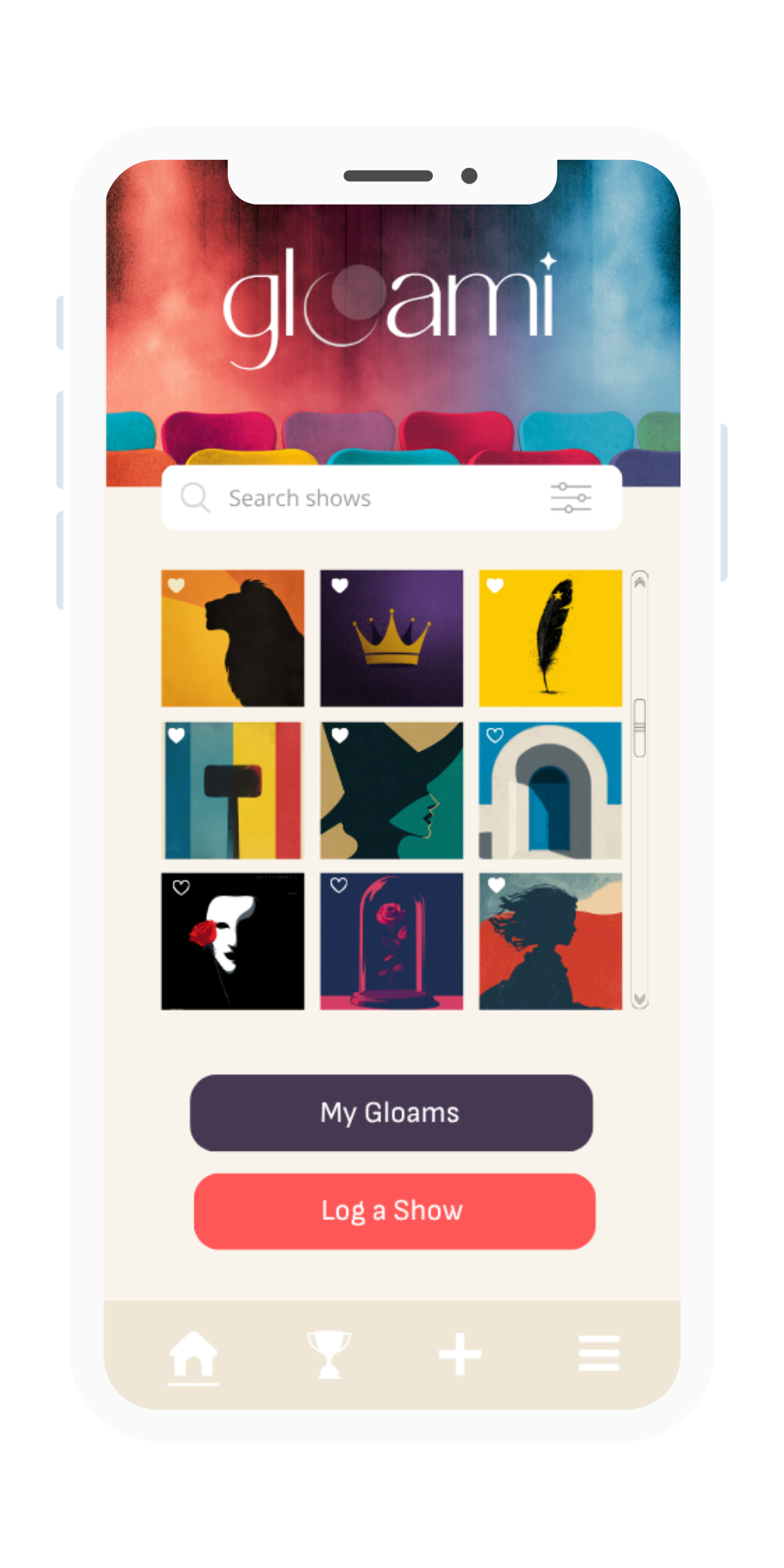 Mobile app interface for Gloami with a colorful row of artwork, a search bar, and buttons labeled 'My Gloams' and 'Log a Show'