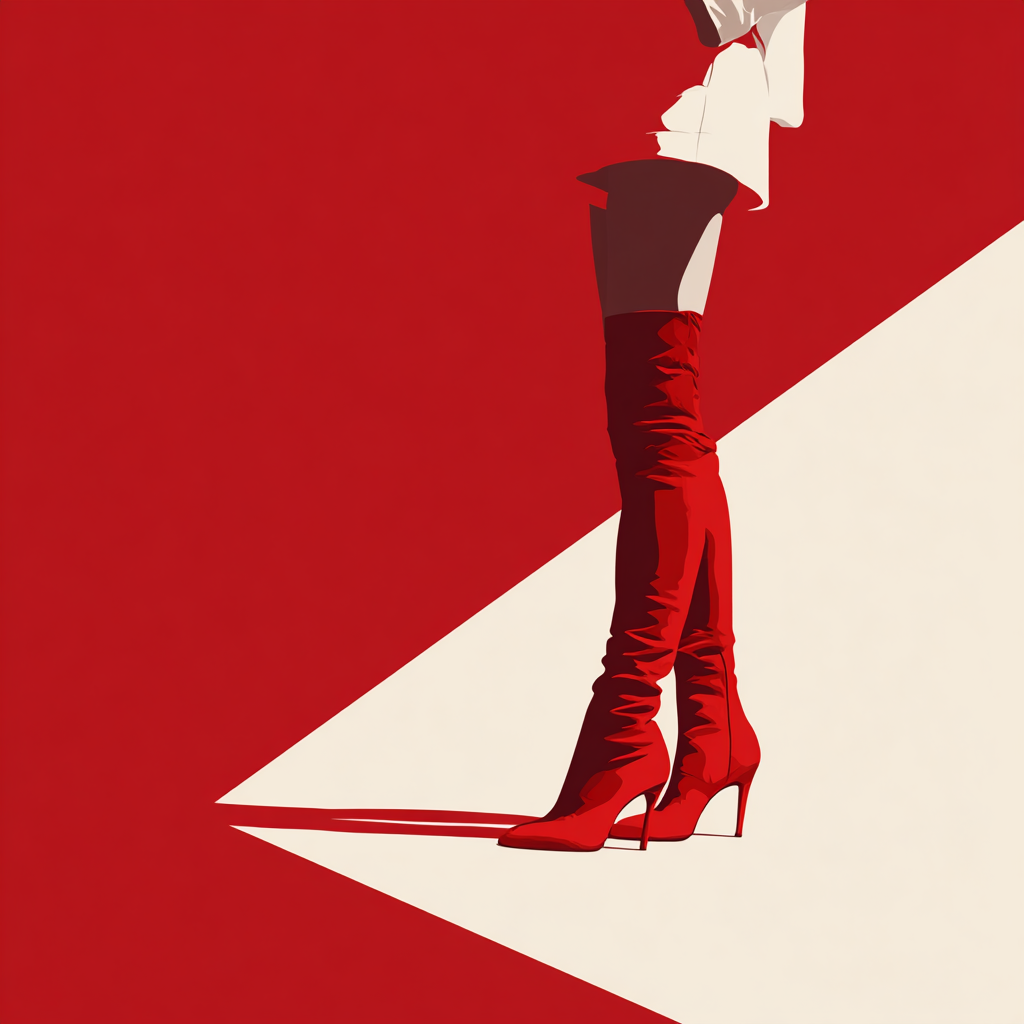 A digital illustration of a person wearing over-the-knee red boots and a white coat, standing on a white surface with a diagonal red background.