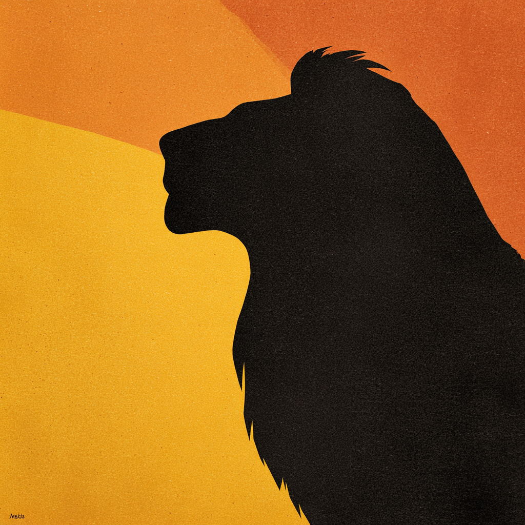 Silhouette of a lion's profile against a gradient orange background.