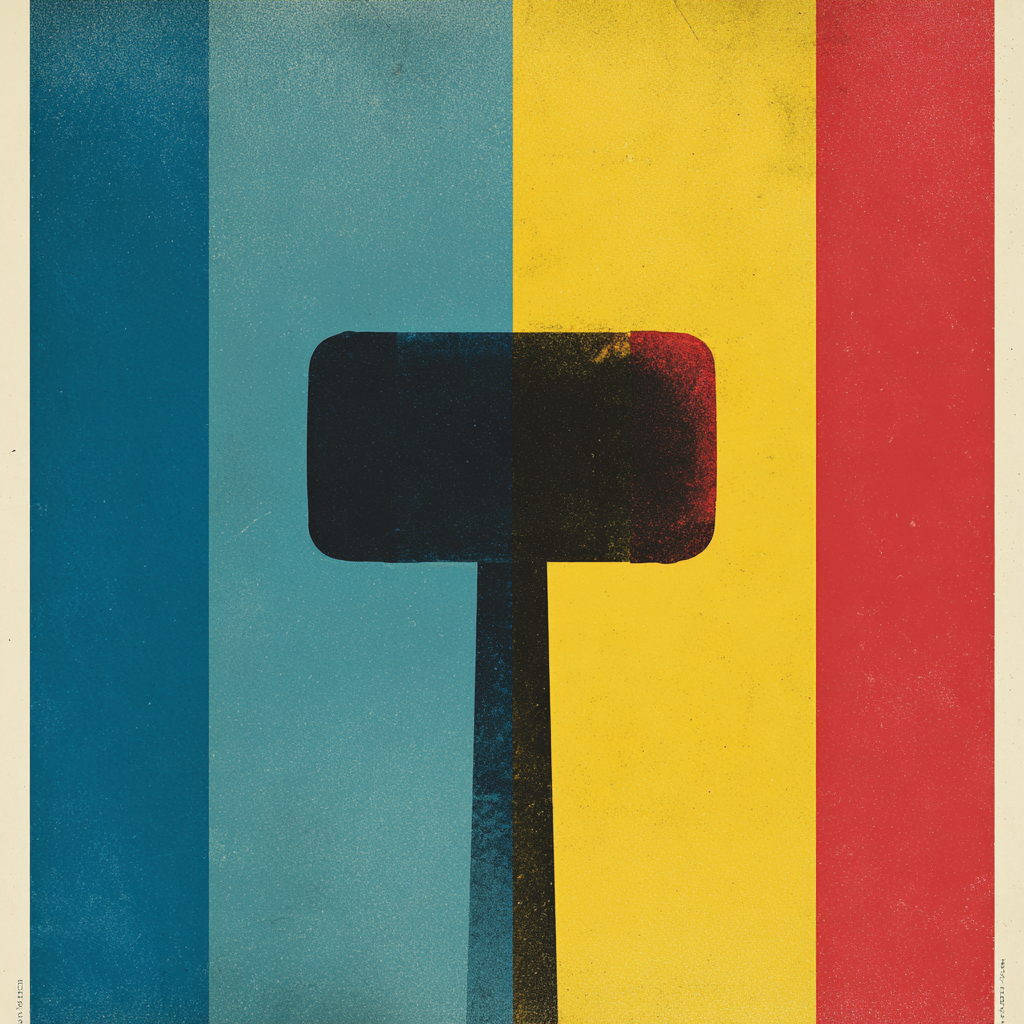 A silhouette of a microphone against a background with vertical stripes in blue, yellow, and red.