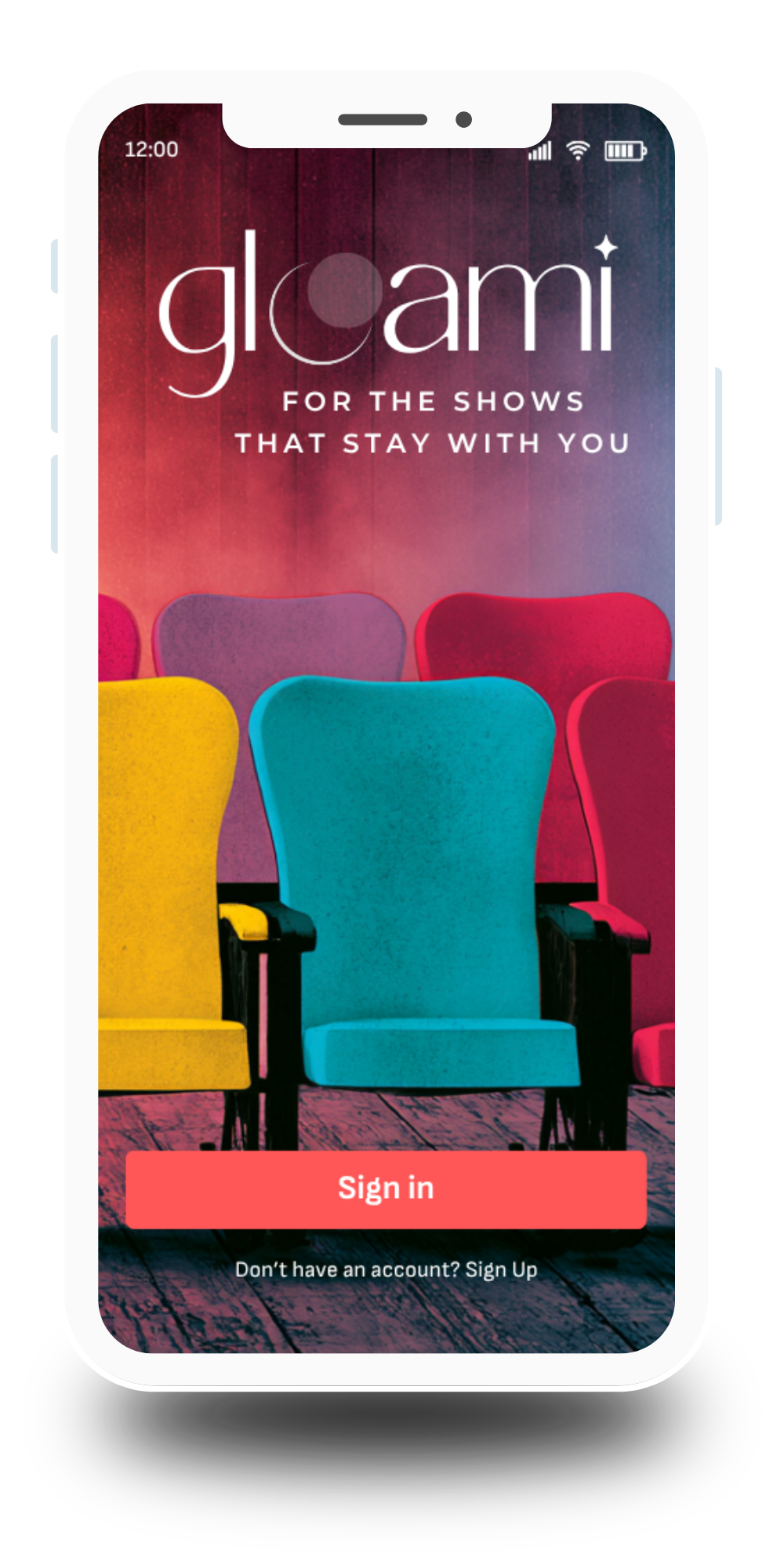 Mobile app login screen for Glocami featuring colorful theater seats and a tagline 'For the shows that stay with you'.