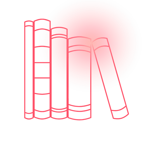 Outline drawing of five books on a shelf with a glowing red circle and white stars behind them.
