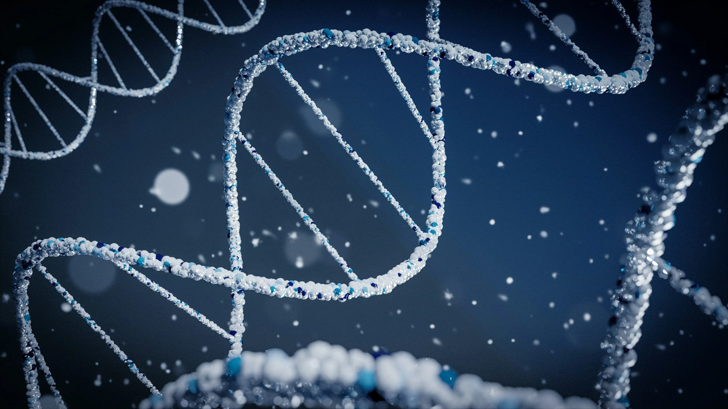 Close-up view of a 3D DNA double helix structure with snow-like particles floating around against a dark background.