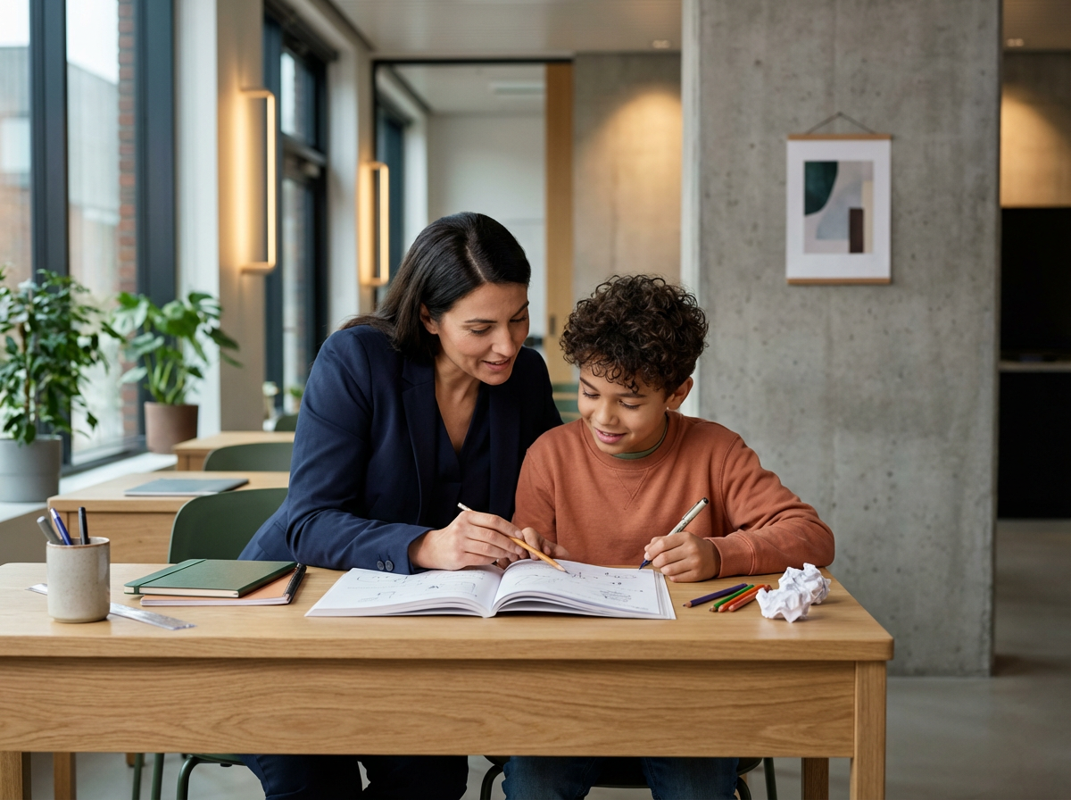 A woman and a young boy sitting at a wooden table, looking at a workbook together in a bright, modern room with large windows and potted plants.