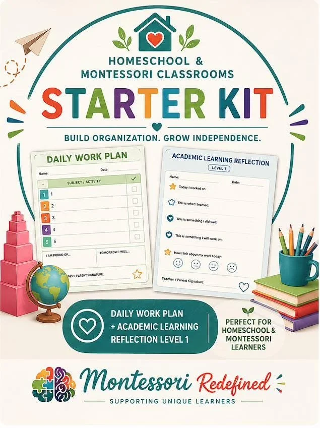 Homeschool Montessori Starter Kit | Daily Work Plan, Reflection Bundle (Ages 5-7)