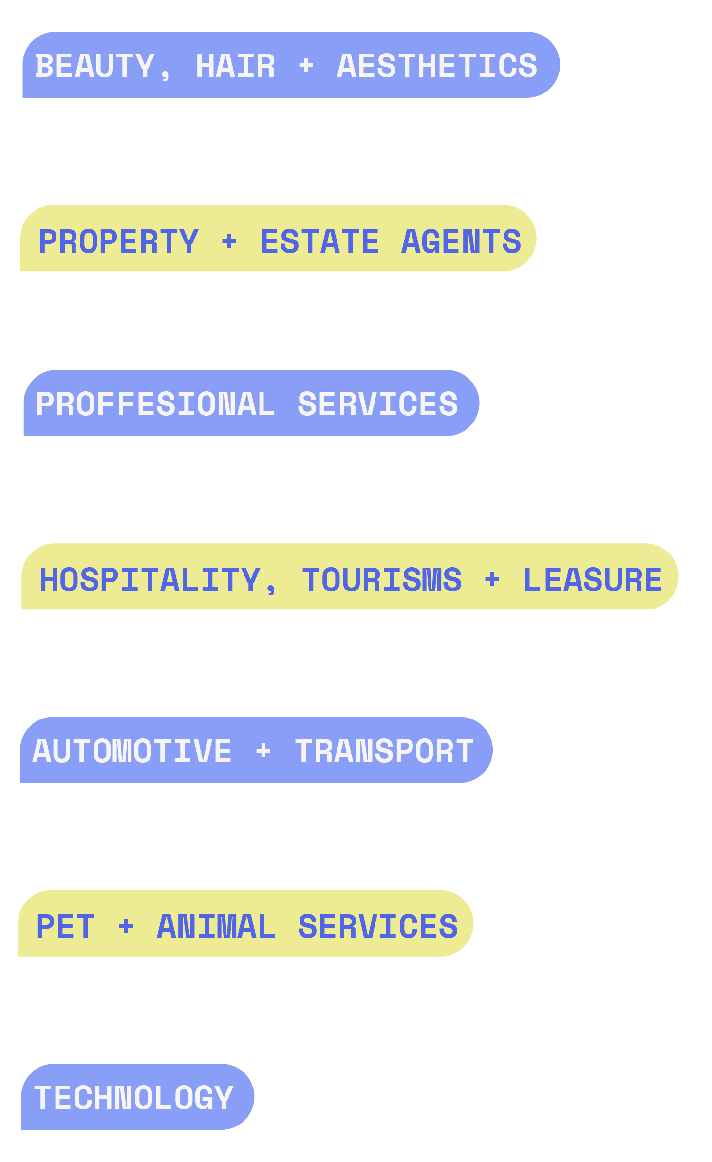 Graphic listing business categories: beauty, hair and aesthetics; property and estate agents; professional services; hospitality, tourism and leisure; automotive and transport; pet and animal services; and technology.