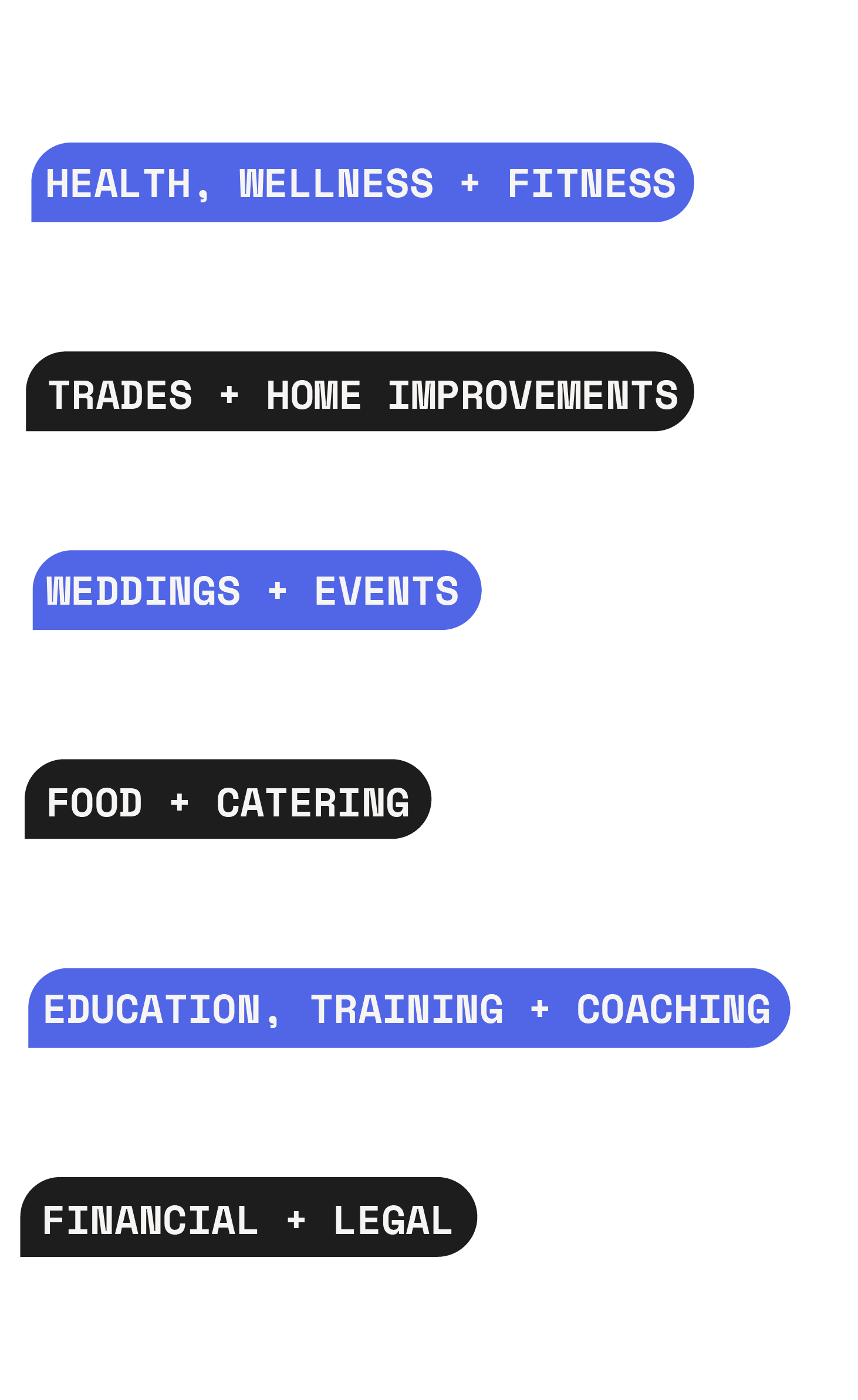 Graphic listing business categories: health, wellness and fitness; trades and home improvements; weddings and events; food and catering; education, training and coaching; and financial and legal.