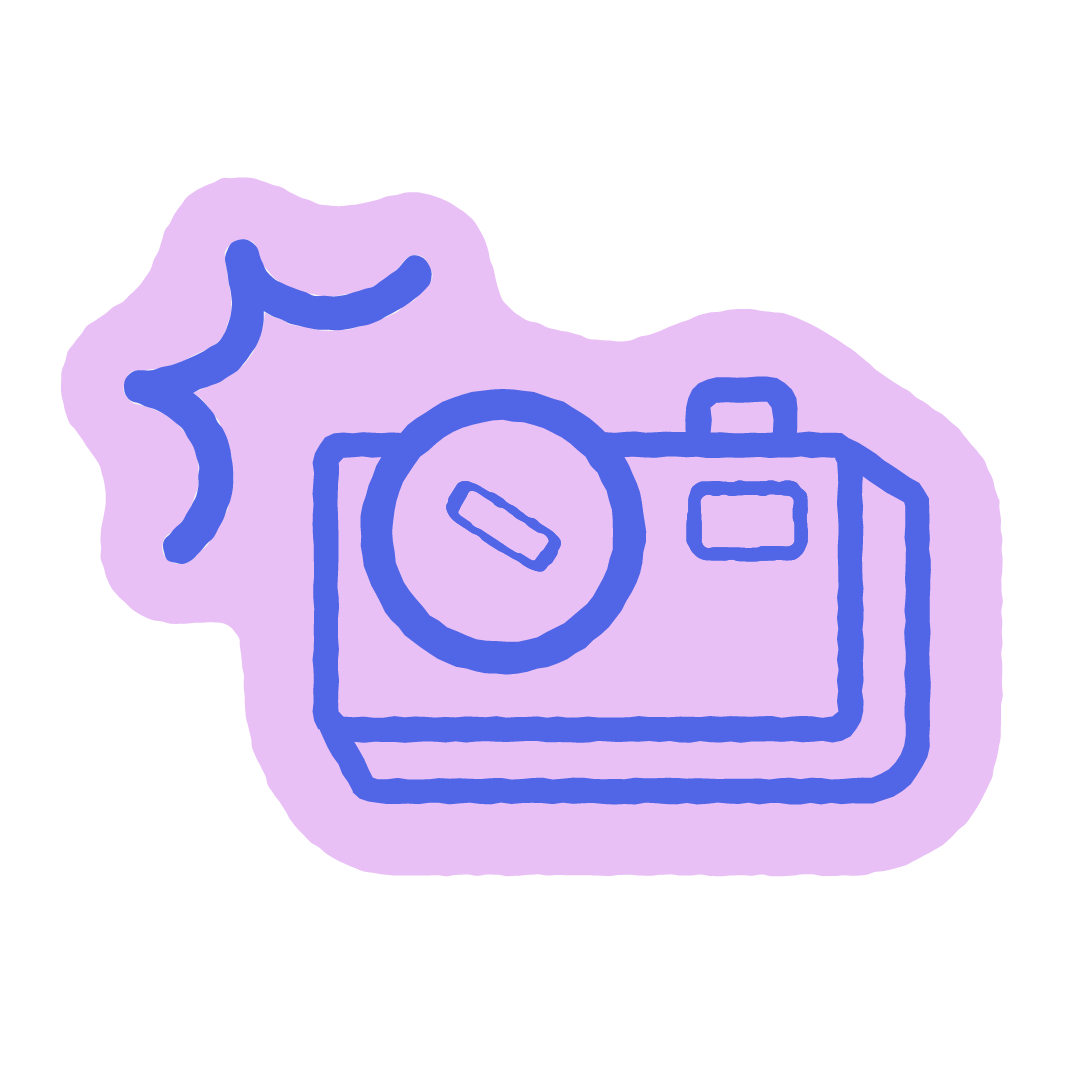 Illustration of a purple camera with a lens, flash, and winding film strip