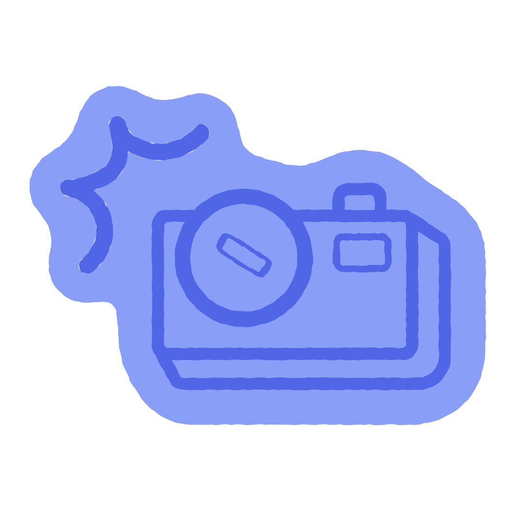Blue illustration of a compact digital camera with a wrist strap