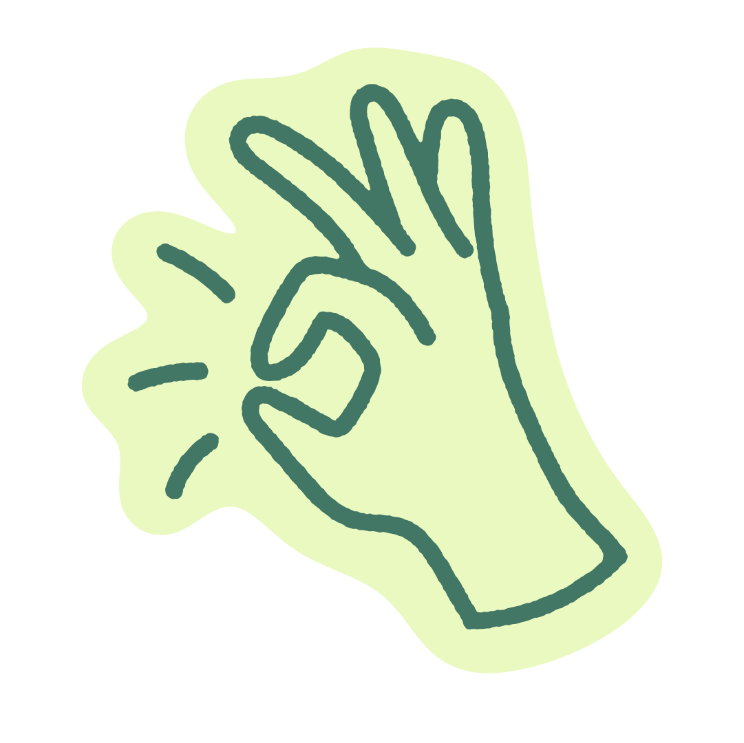 Illustration of a pale green hand making an OK gesture with motion lines