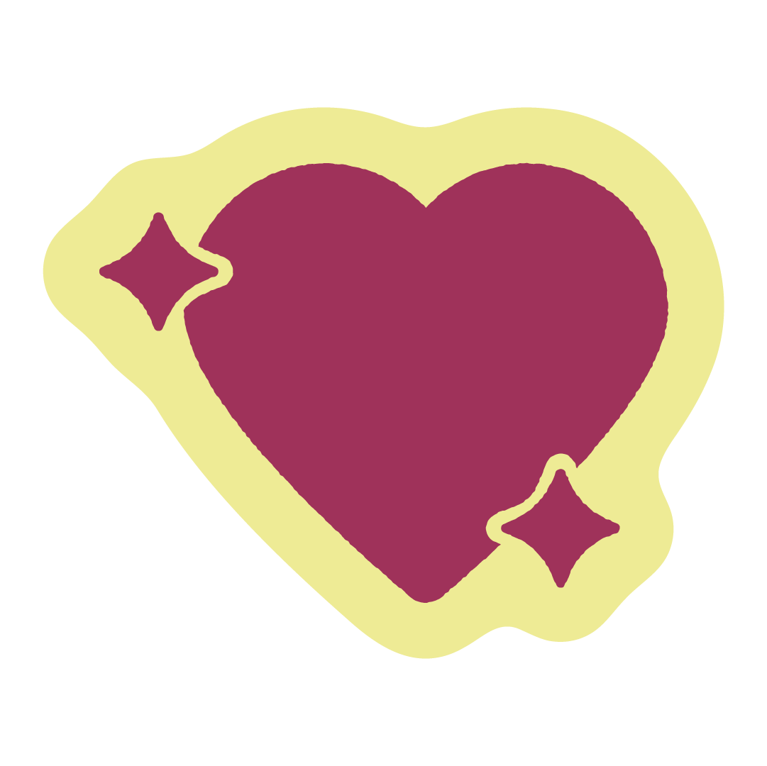 Stylized maroon heart with yellow border and two sparkling star accents