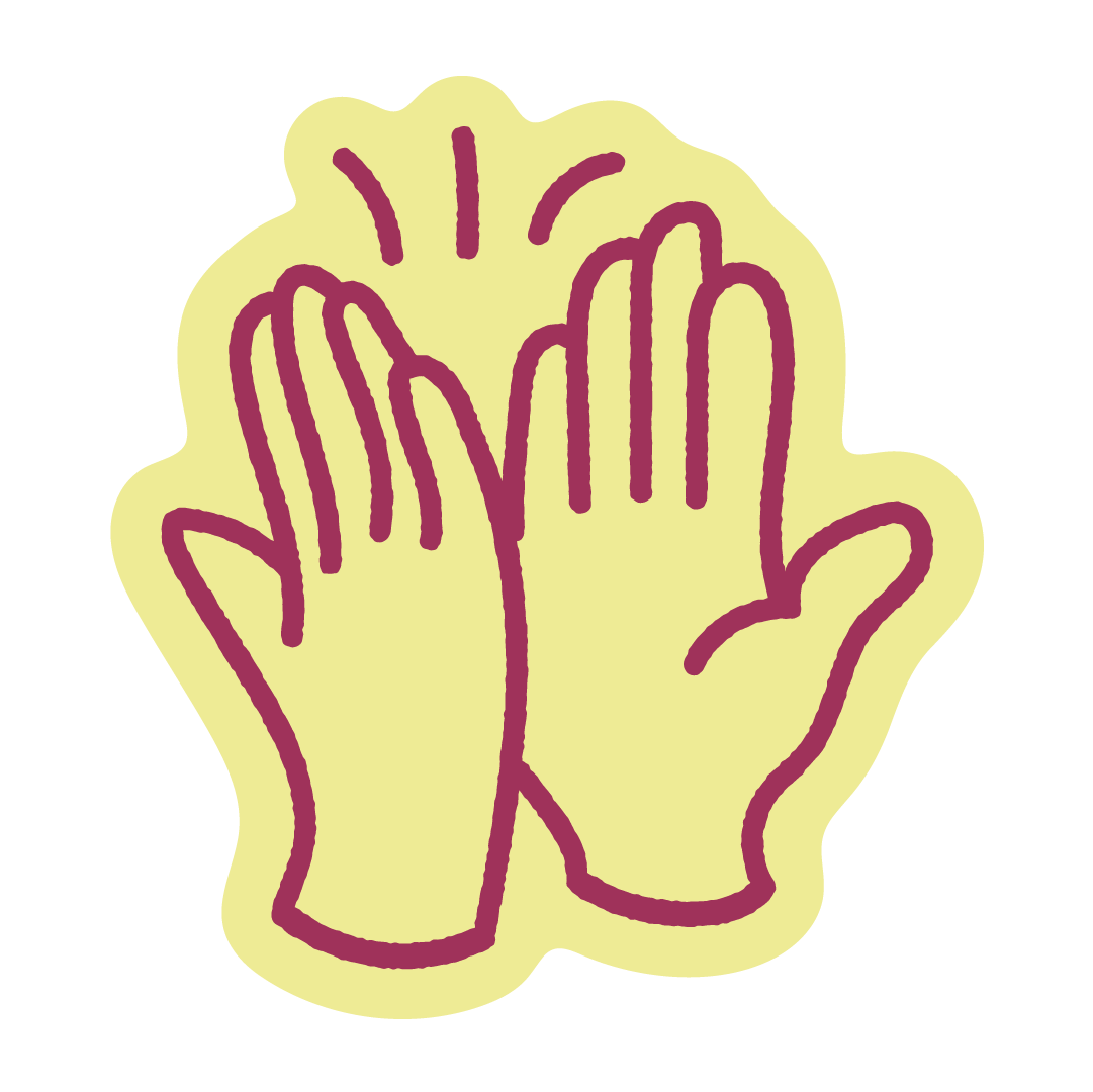 Illustration of two raised yellow hands with magenta outlines