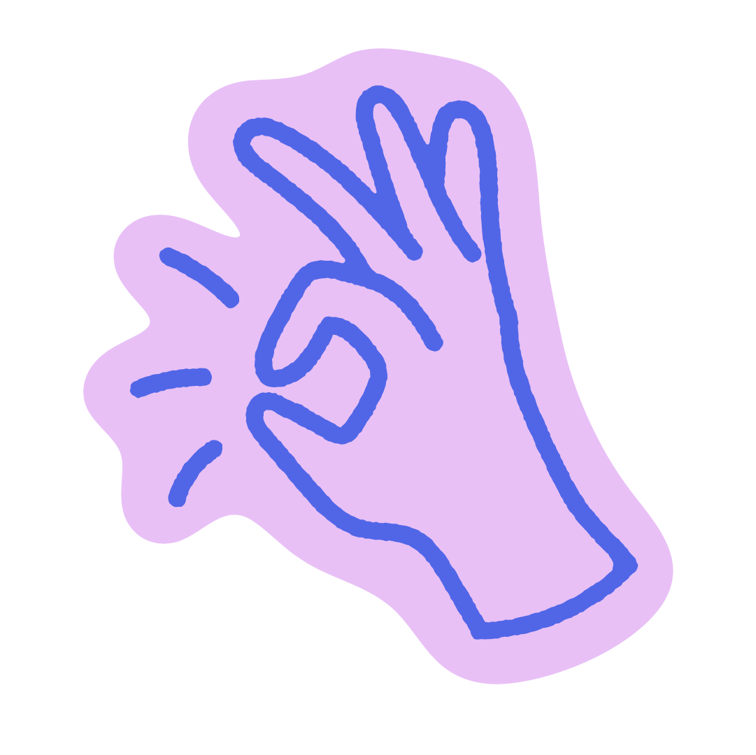 Stylized purple hand making an OK gesture with blue outlines on a black background