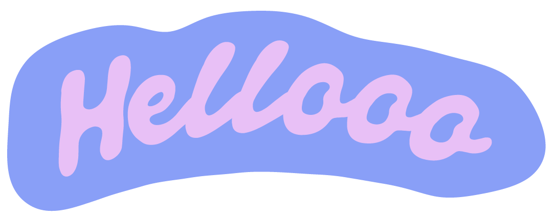Pink handwritten “Hello” lettering on an irregular periwinkle-blue background