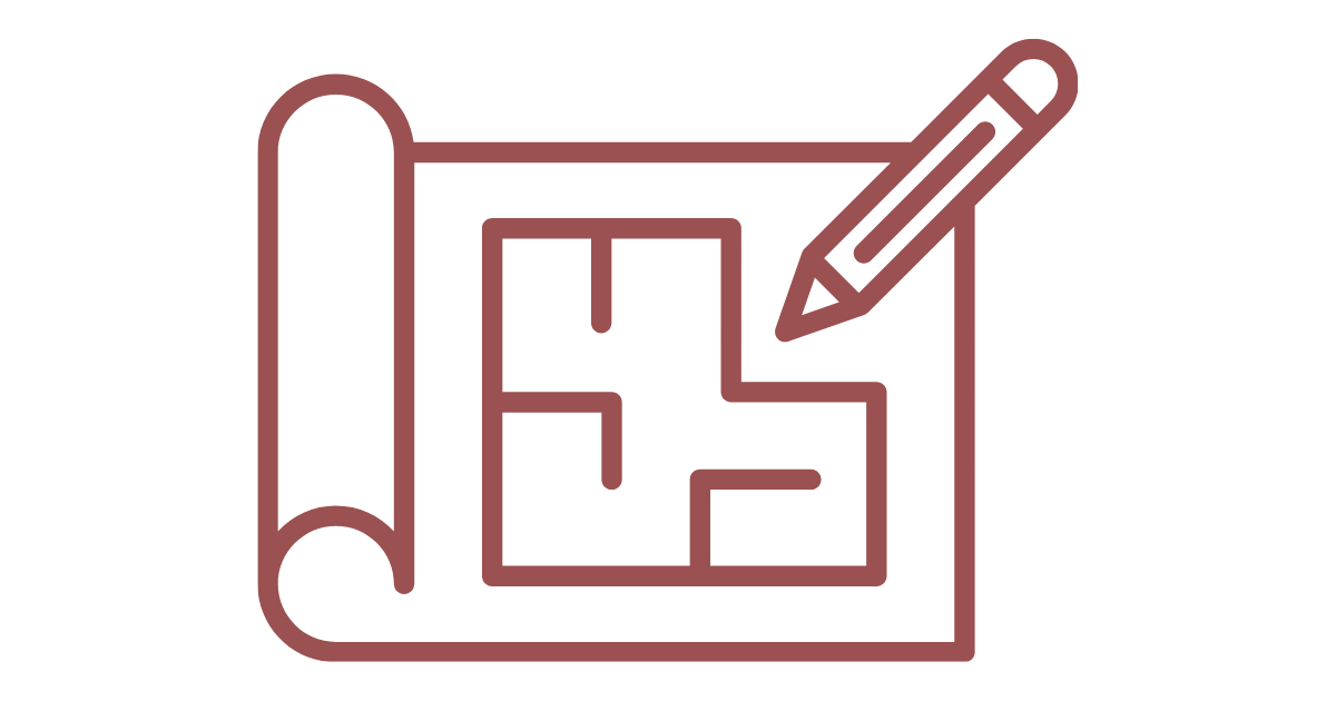Outline drawing of a blueprint with a roller, ruler, and pencil on a black background.