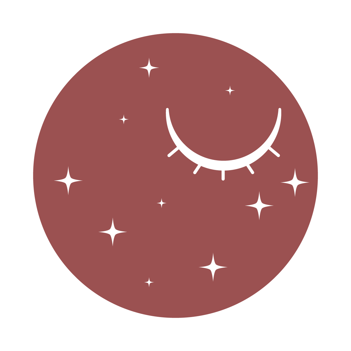 A minimalist, stylized illustration of a sleeping moon with closed eyes and eyelashes, surrounded by stars on a reddish-brown circular background.