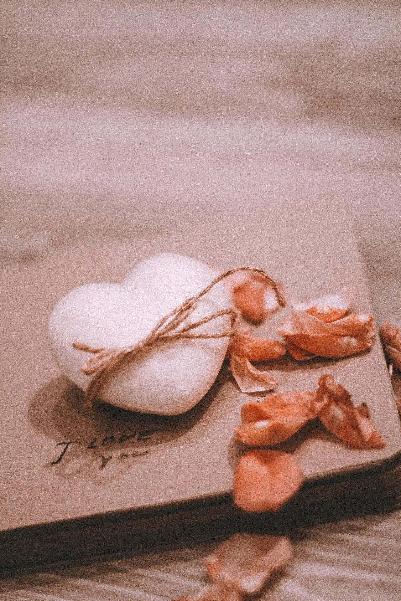 A smooth white stone heart tied with twine, surrounded by dried flower petals, resting on handwritten paper with the words "I Love You" written on it.