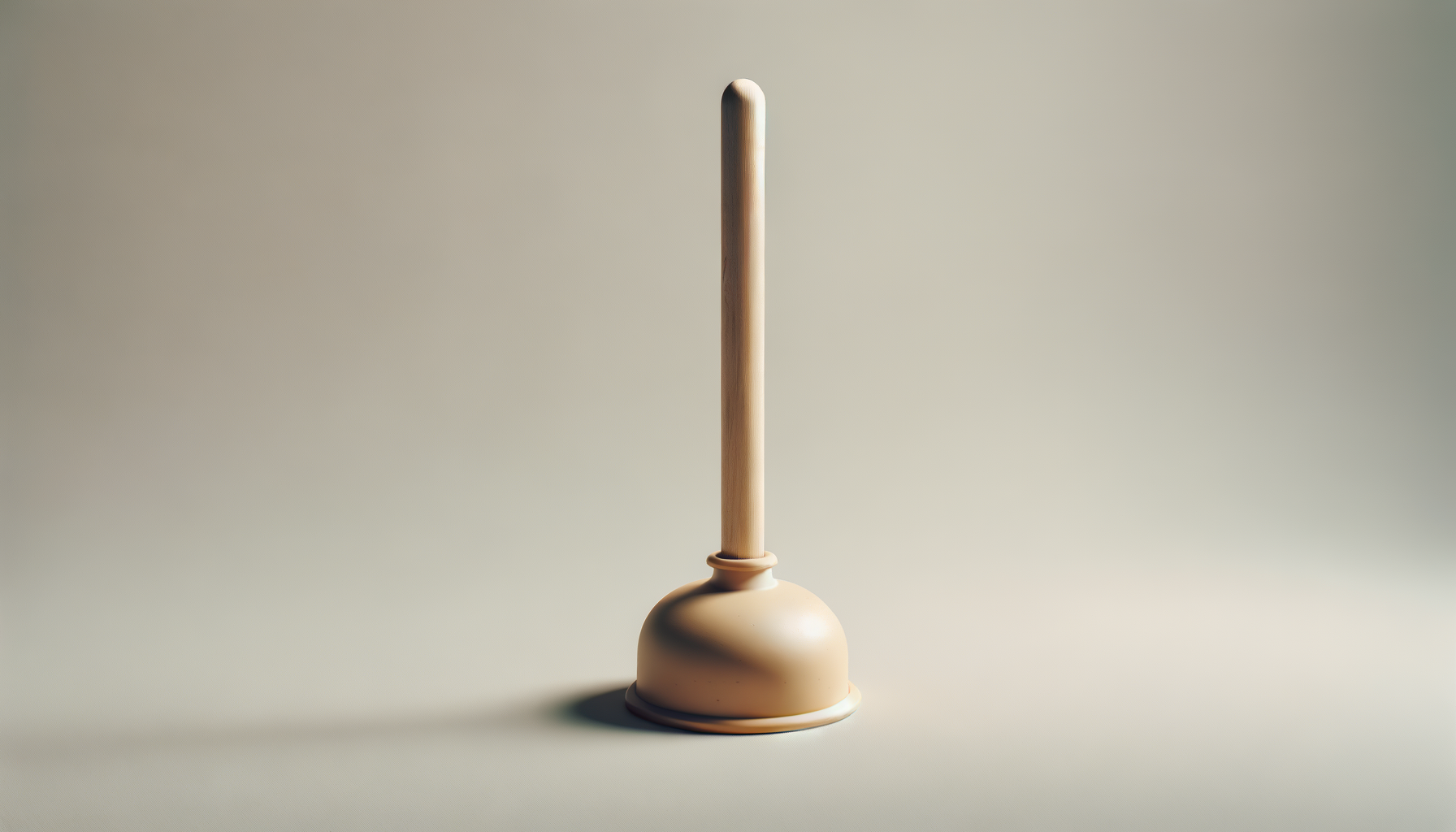 A beige toilet brush with a wooden handle against a plain light-colored background.