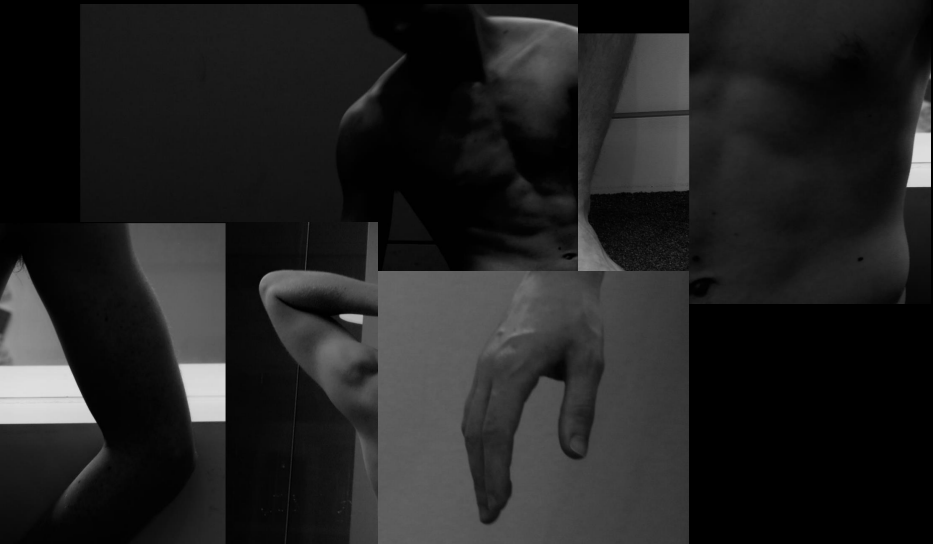 Collage of black and white images showing human bodies and body parts, including torsos, arms, and hands, with a moody and artistic lighting style.