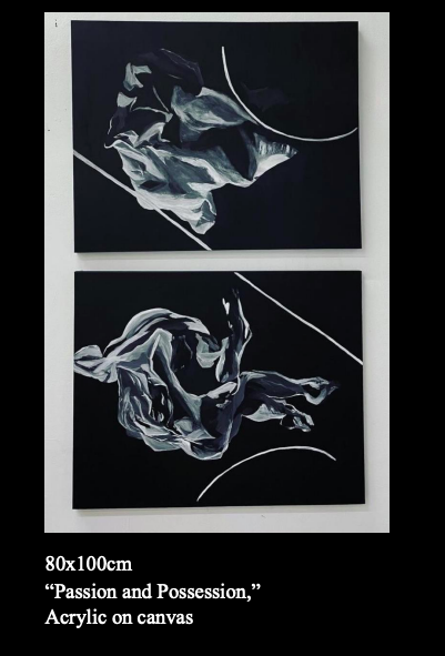 Two paintings titled 'Passion and Possession' on canvas, each measuring 80x100 cm, depicting abstract, crumpled fabric or paper in black, white, and gray shades with diagonal and curved lines.