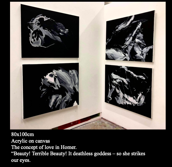 Four abstract black and white acrylic paintings on canvases, arranged on white gallery walls, inspired by the concept of love in Homer, depicting a goddess striking a pose with striking beauty.