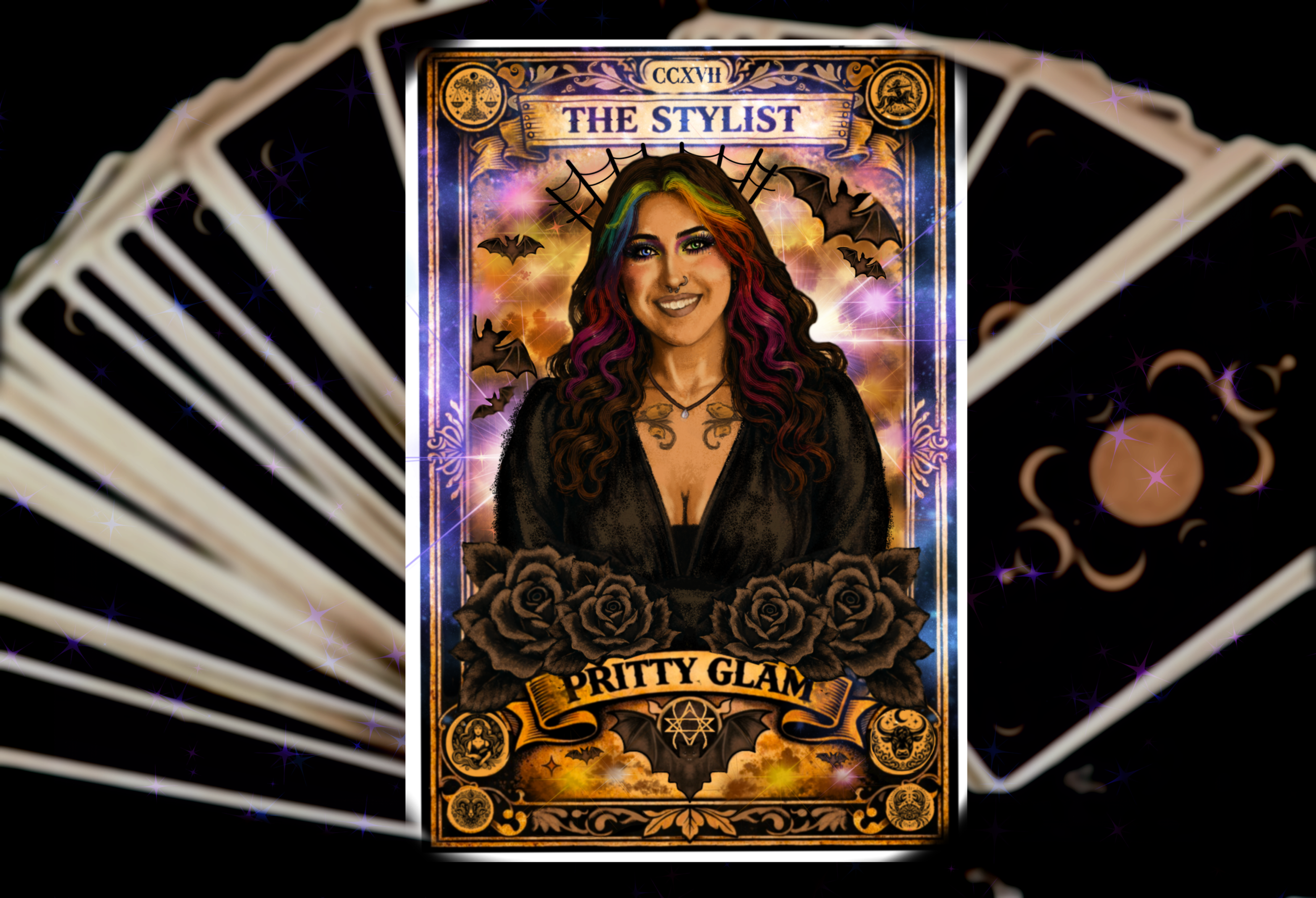 Tarot card titled 'The Stylist' with a woman with colorful hair, surrounded by bats, stars, and magical elements, labeled 'Pritty Glam'.