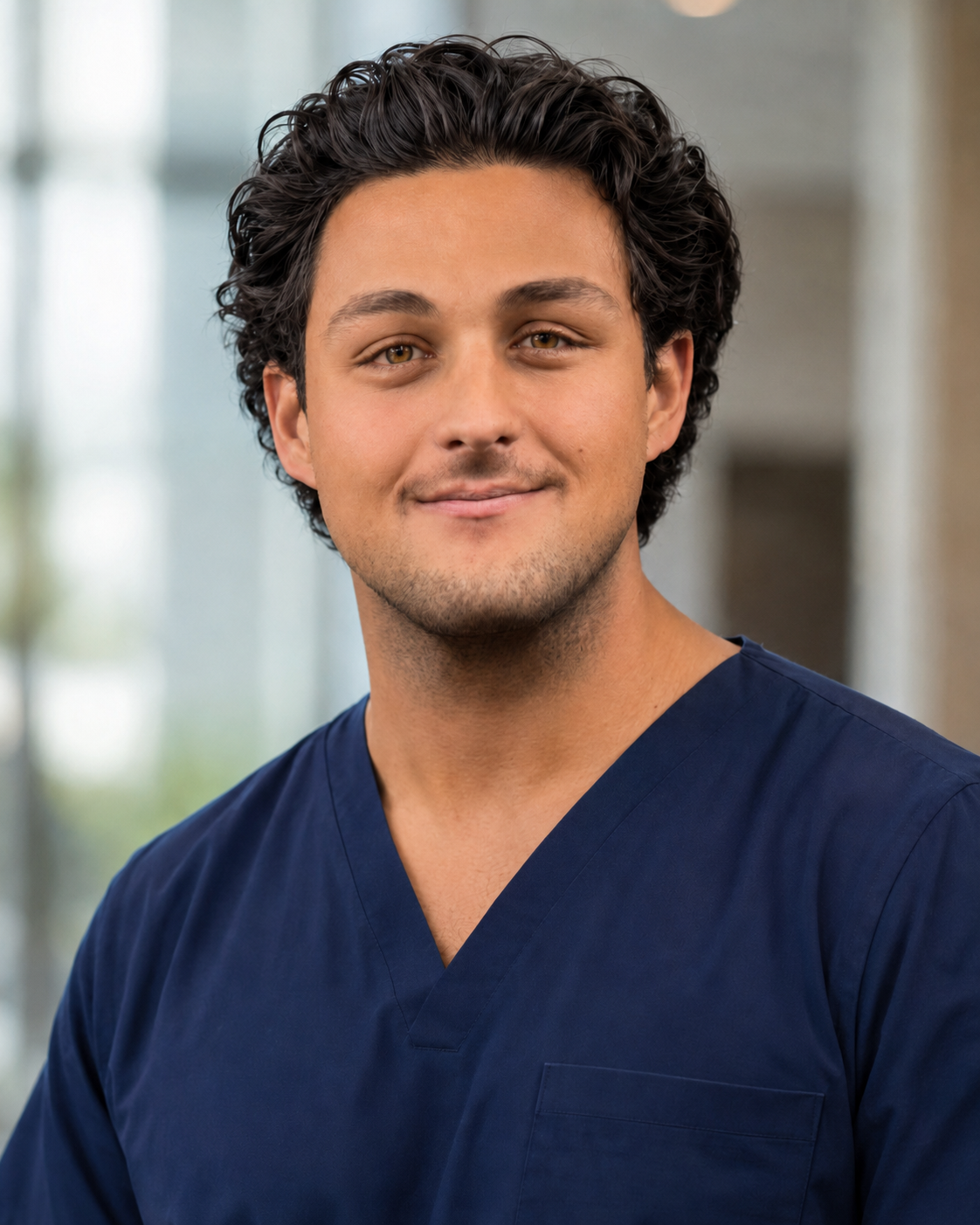 A young man with dark curly hair and light skin wearing navy scrubs, smiling slightly, in a bright, neutral indoor setting.