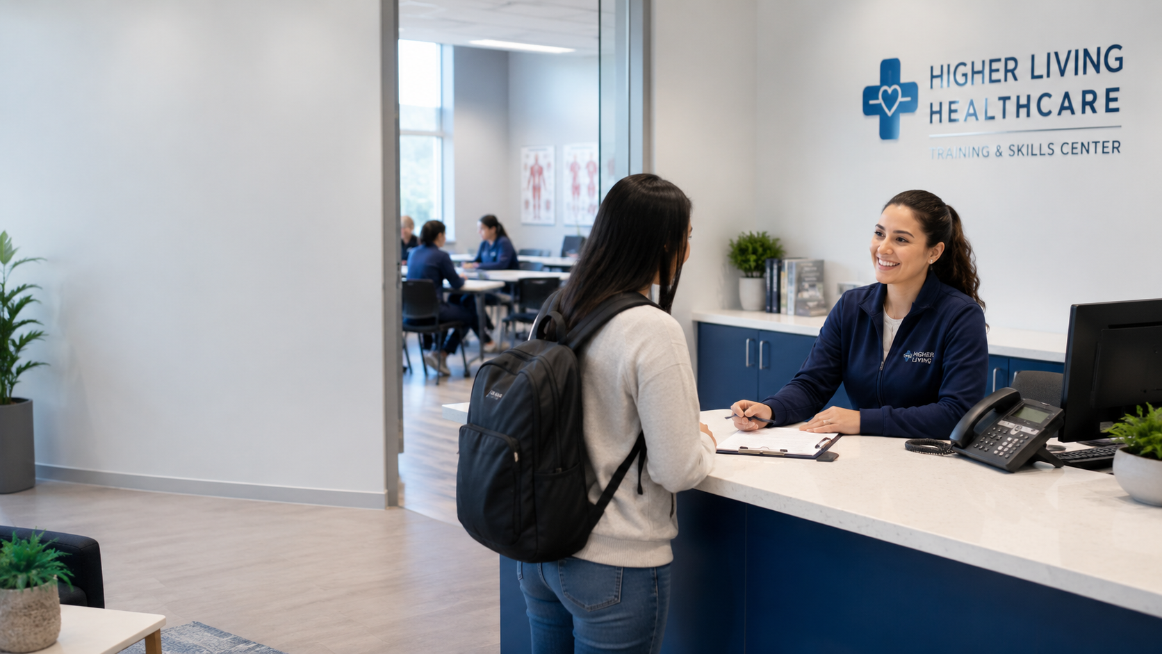 A woman with a backpack talking to a receptionist at Higher Living Healthcare Training and Skills Center. The receptionist is smiling and sitting at a desk with a computer, telephone, and potted plants. In the background, there are more people sitting at tables engaged in discussions.