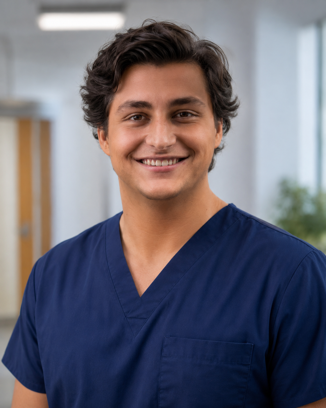 Young male healthcare professional with dark, curly hair smiling in a medical facility, wearing navy scrubs.