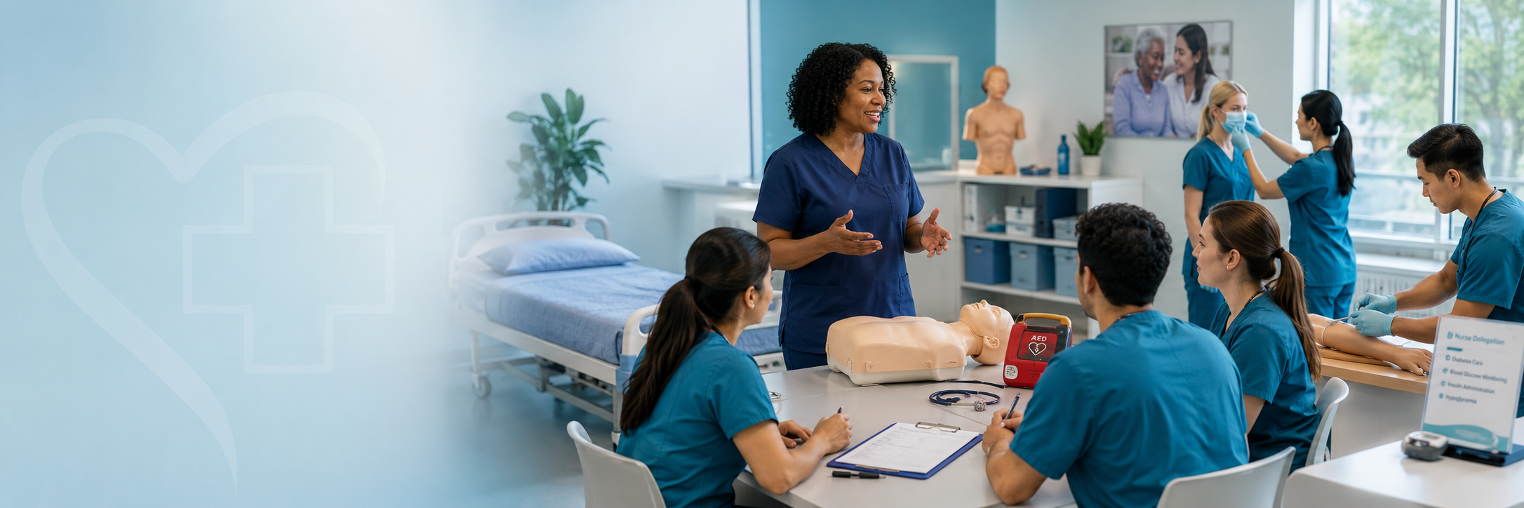 A nurse instructor teaching a CPR class to medical students using a mannequin in a bright classroom.