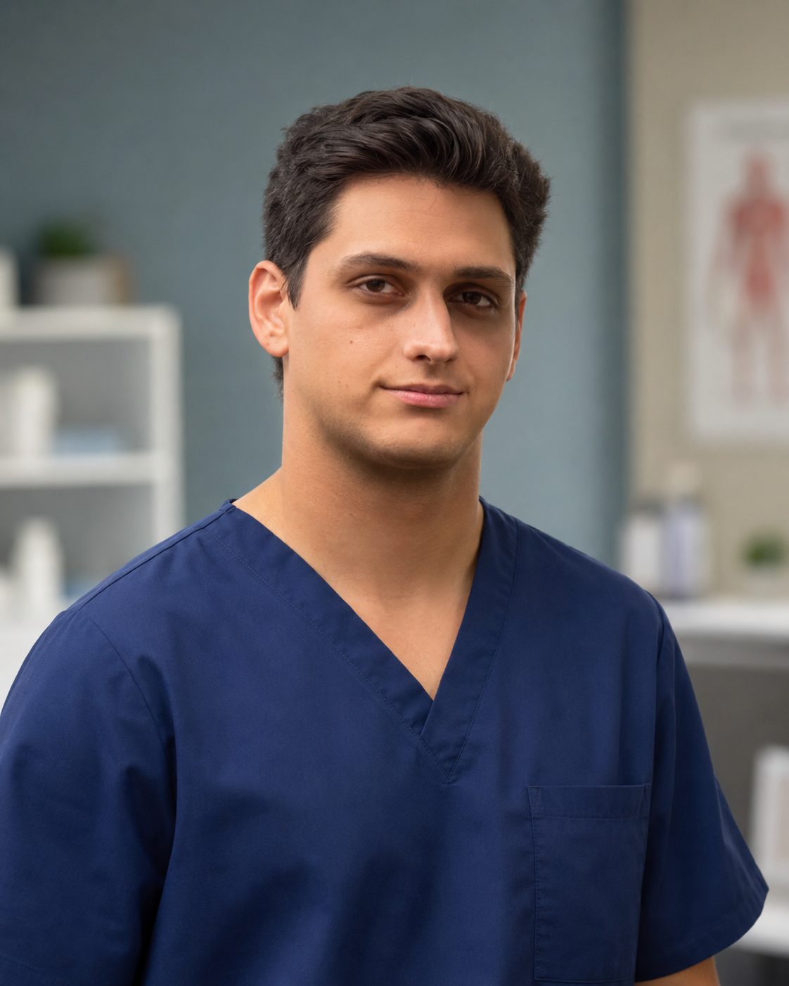 A young male healthcare professional or nurse wearing navy blue scrubs standing in a medical or clinical setting.