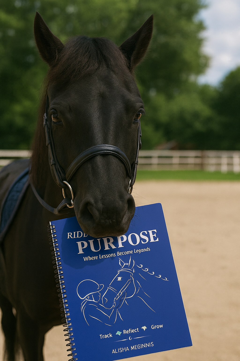 A black horse holding a blue notebook with a horse illustration, titled 'Purpose' and the subtitle 'Where Lessons Become Legends,' in its mouth. The horse is outdoors with a green, blurry background.