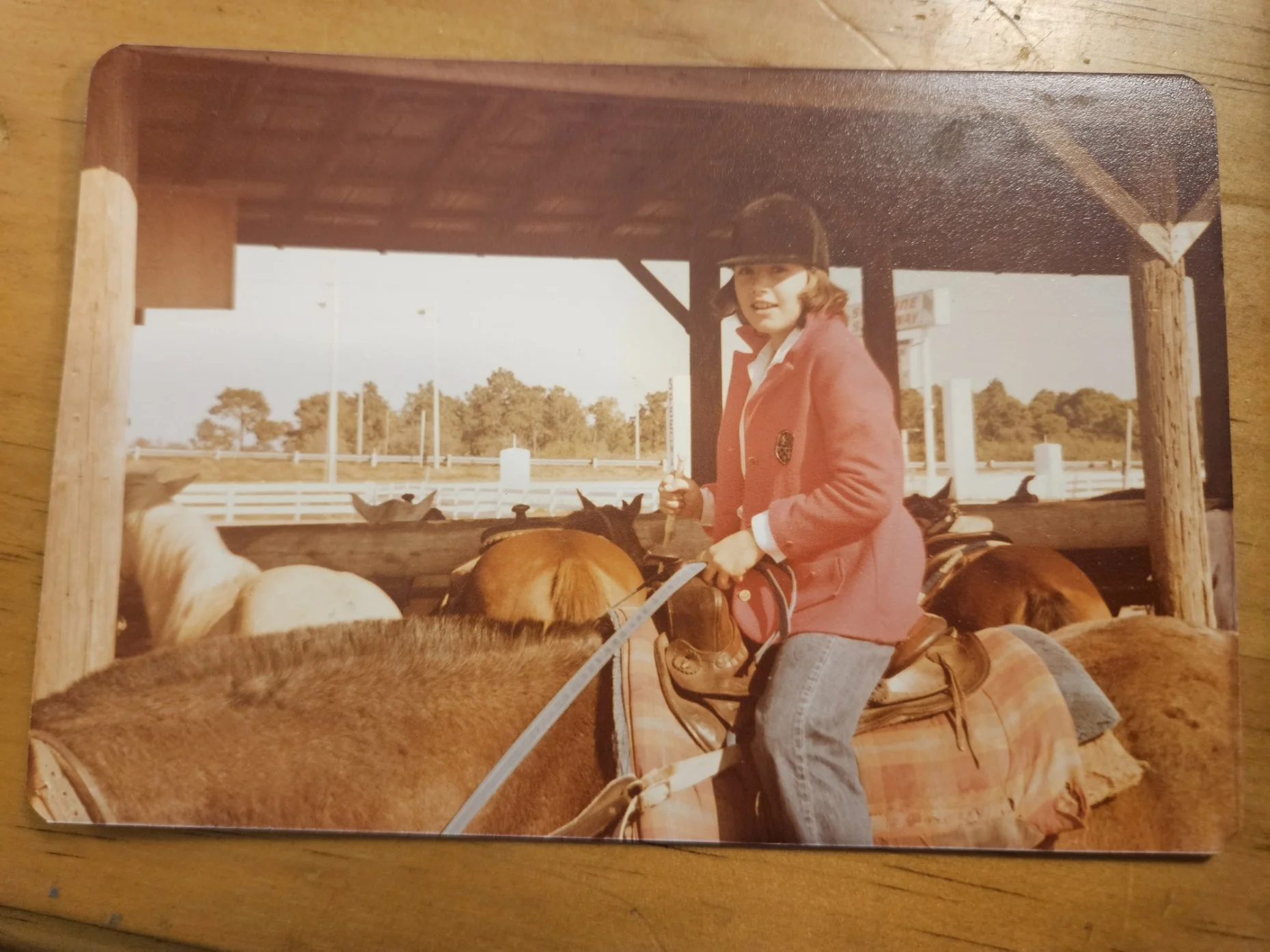 A young woman wearing a black riding helmet and a red jacket riding a brown horse in an outdoor equestrian ring. The background features a white fence, trees, and light poles.