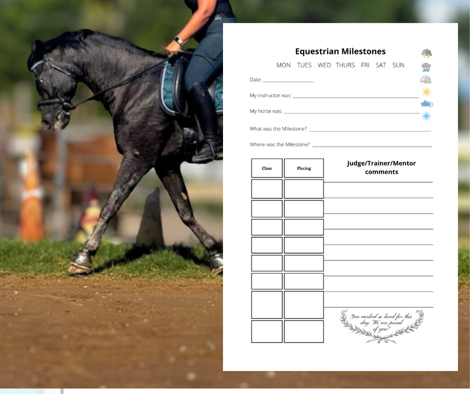 A person riding a black horse on a dirt track during daytime. The image also features a printable worksheet titled 'Equestrian Milestones' with sections for recording training details and judge comments.