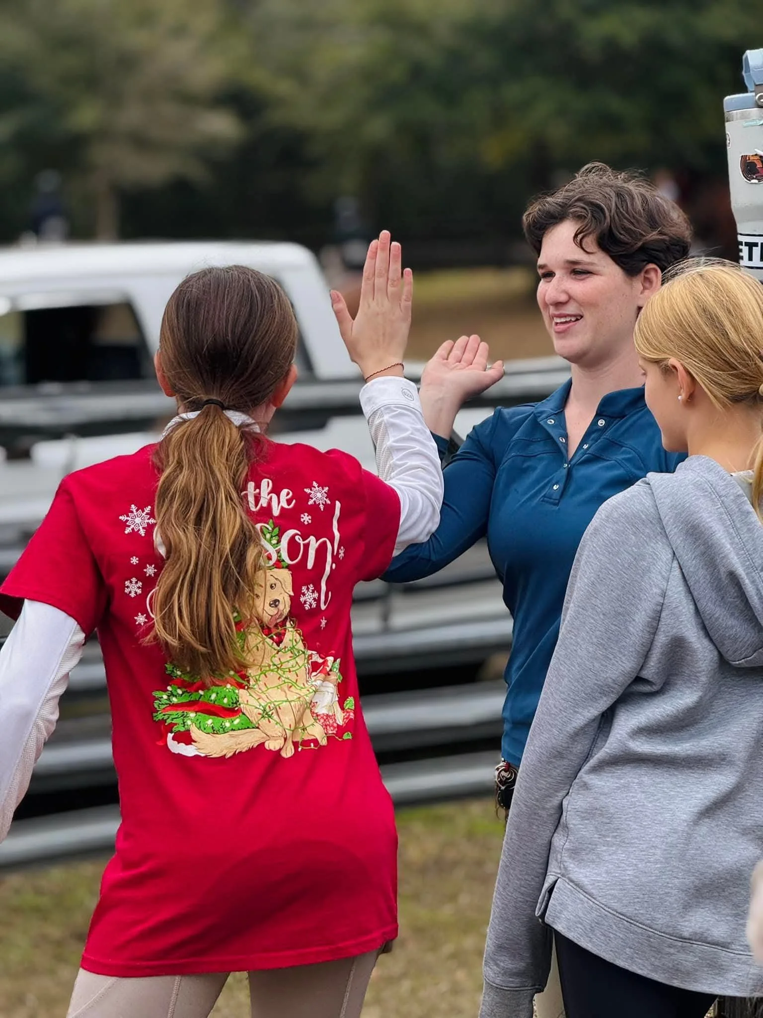 Two women are giving each other a high five outdoors, with one woman facing away from the camera and the other facing to the side, smiling. The woman facing away is wearing a red festive sweater with Christmas designs, and the woman facing sideways is wearing a gray hoodie. In the background, there are trees, a white vehicle, and a water bottle.