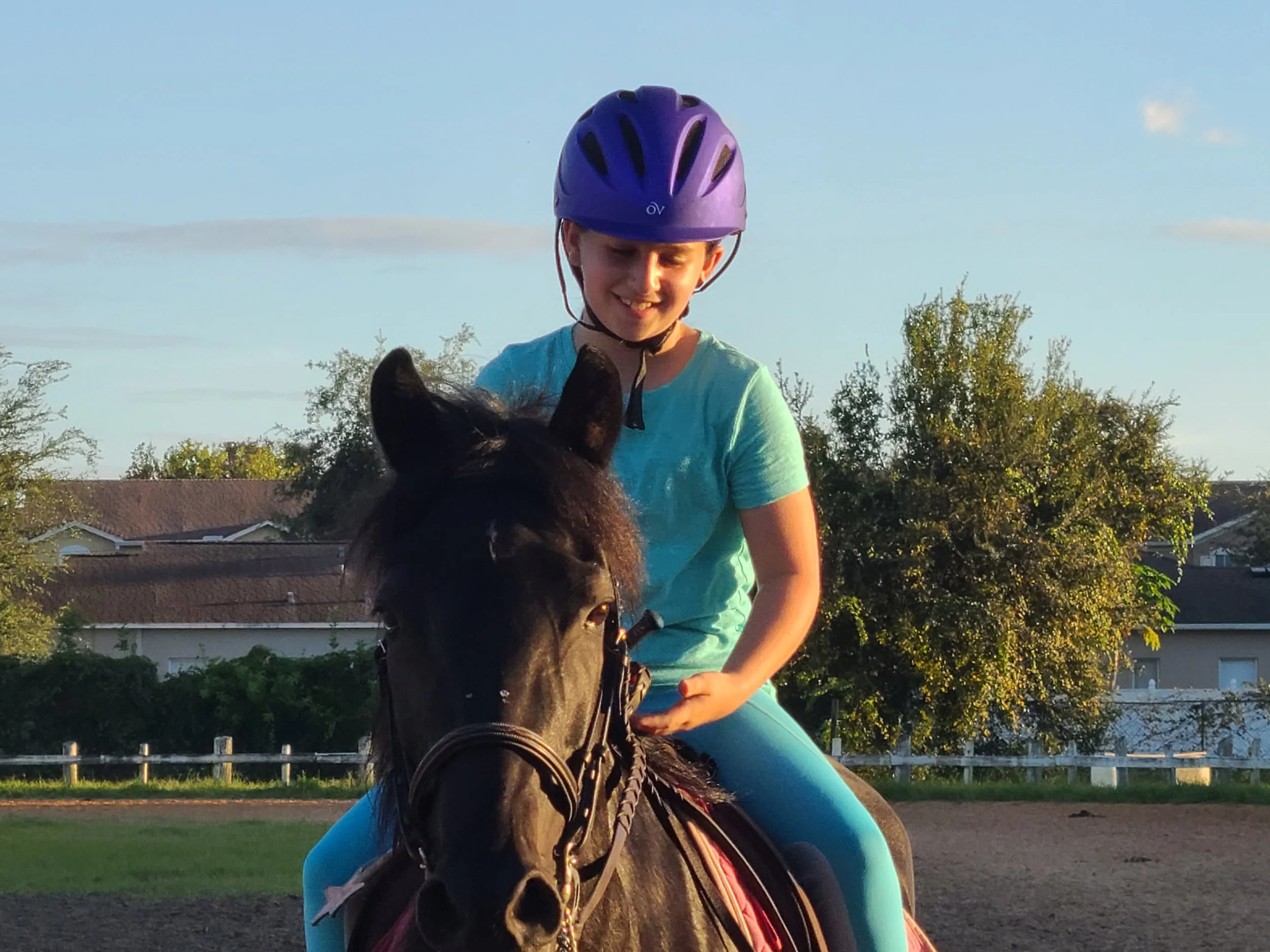 A girl wearing a purple helmet riding a horse in an outdoor riding arena during the evening, with trees and residential houses in the background.