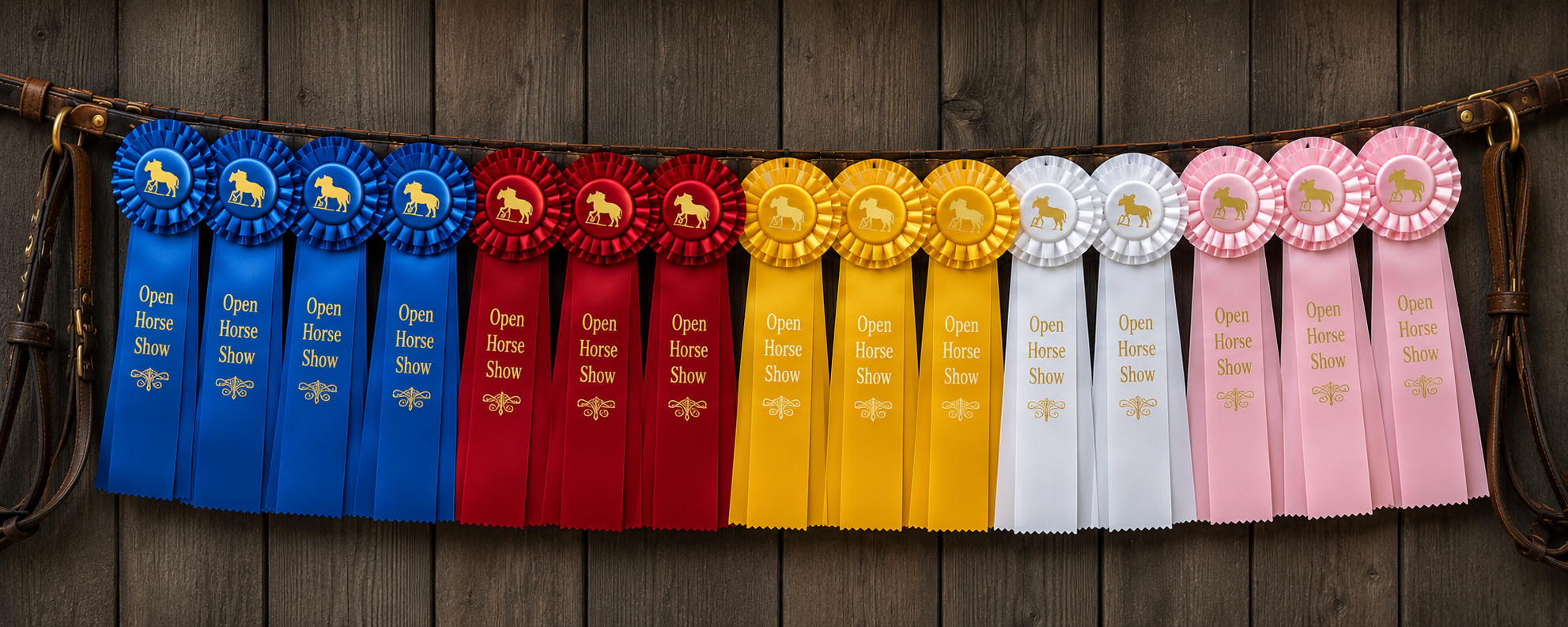 Colorful award ribbons for a horse show, with blue, red, yellow, white, and pink ribbons displayed on a wooden background.