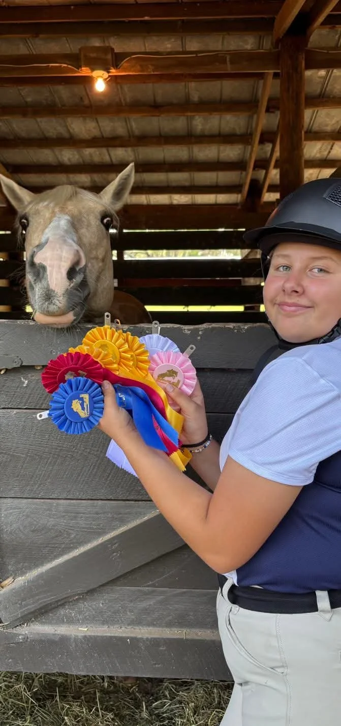 A young girl wearing a riding helmet and light gray pants is holding colorful award ribbons in front of a horse in a barn.