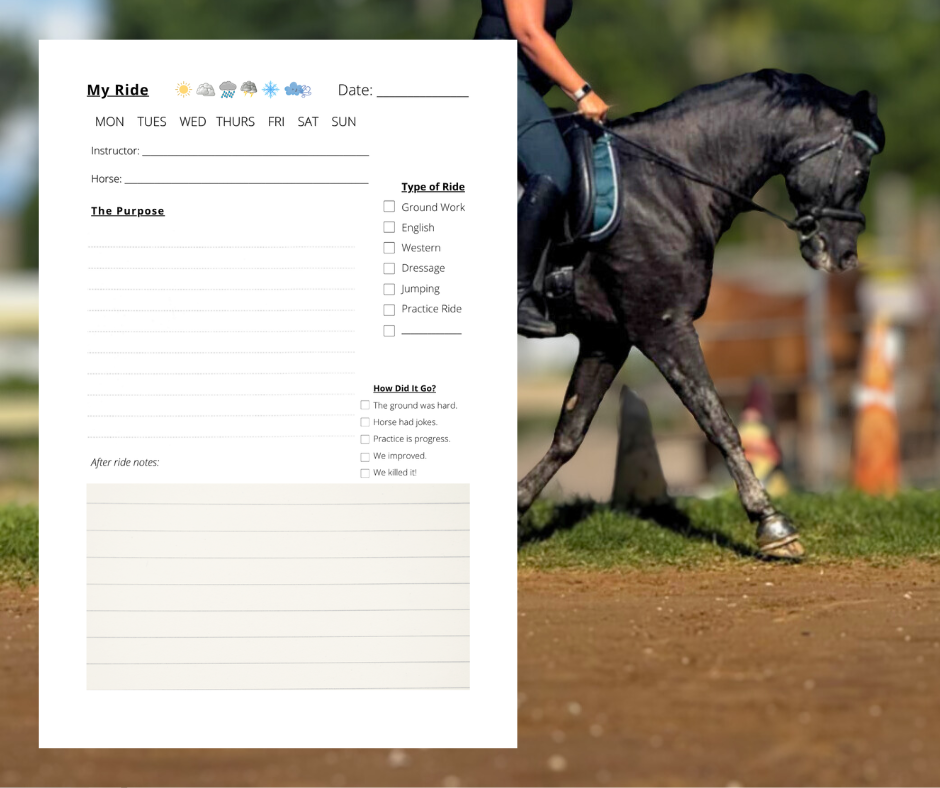 A riding log sheet overlaid on a photo of a person riding a black horse on a dirt track, with a green outdoor background.