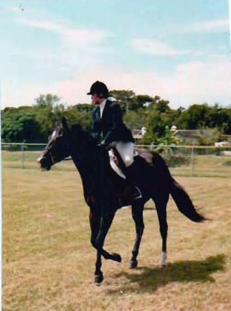 A person in equestrian attire riding a black horse in a field